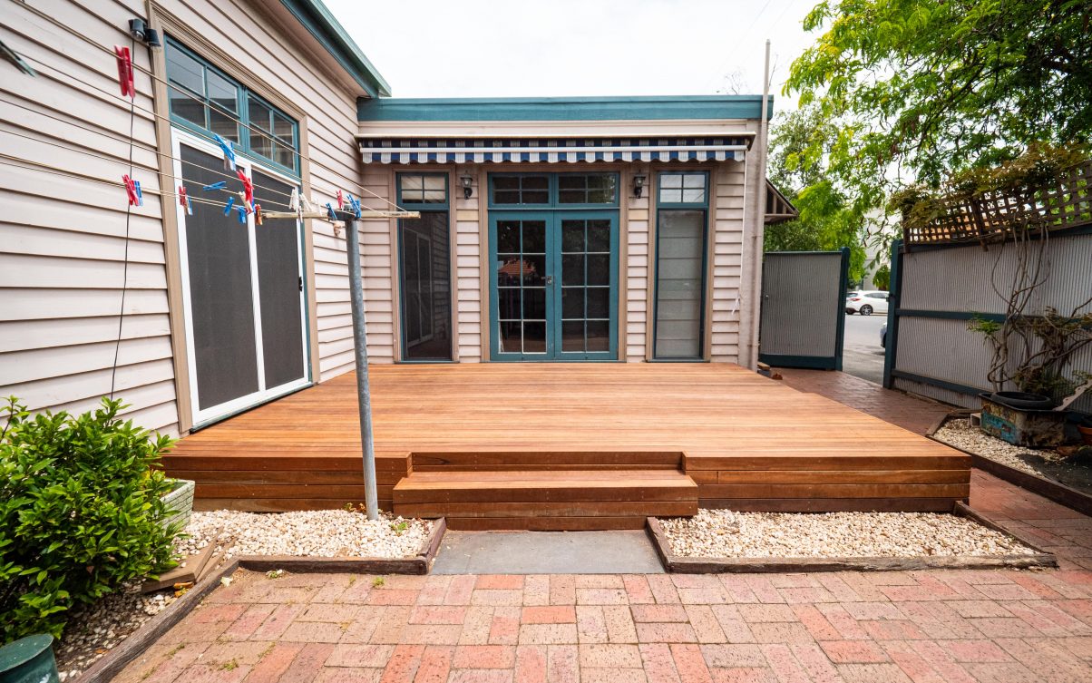 Hero shot of timber deck constructed at Melbourne home. 